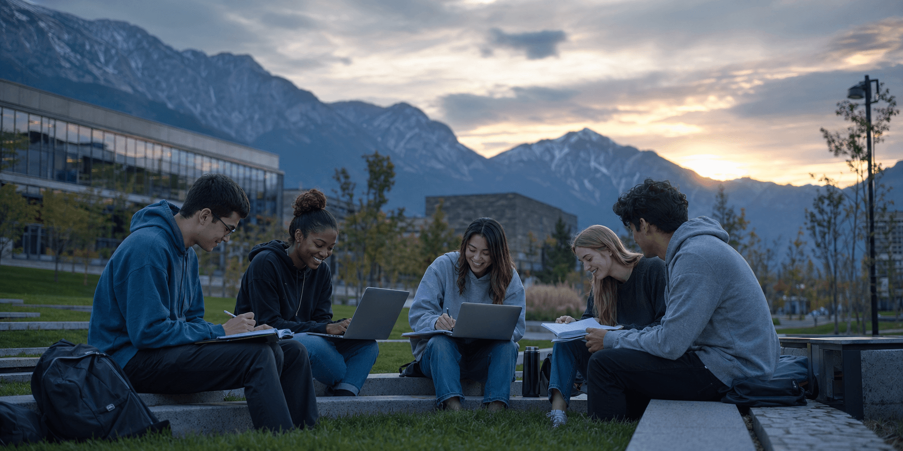 College students studying at sunset with mountains in the background